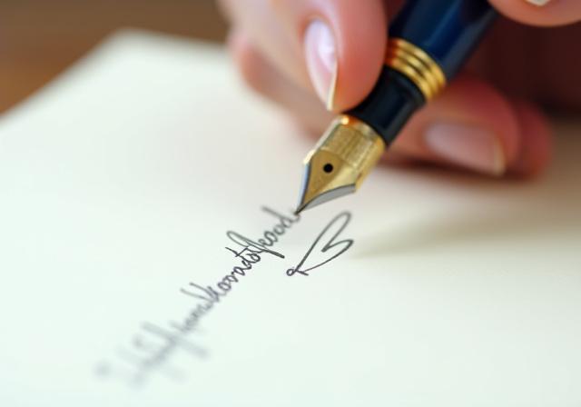 A fountain pen signing a unique, high-quality parchment document