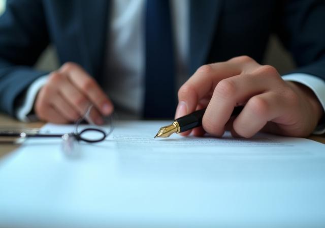 Close up of a professional lawyer reviewing a complex commercial contract with a fountain pen in London City office